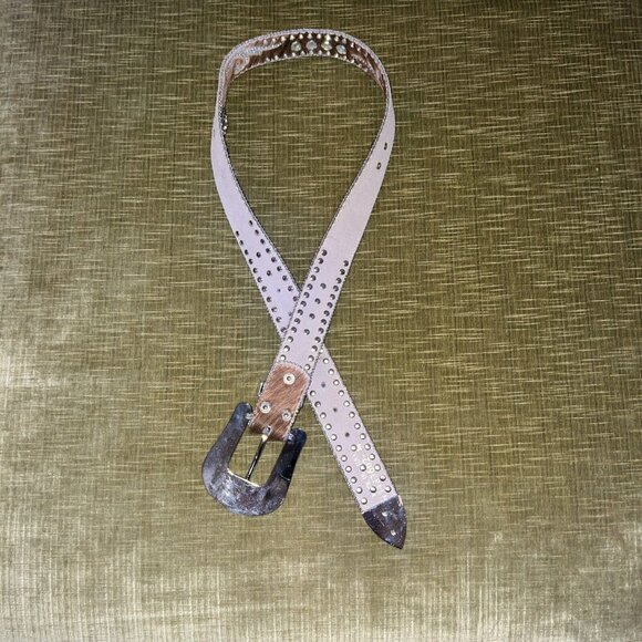 Nocona Brown Calf Hair Leather Studded Iridescent Rhinestone Belt M 32.5-38.5” - Picture 7 of 16